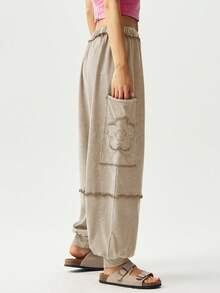 Bohemela Quần dài cạp cao dệt kim màu trơn rộng rãi cho nữ có dây rút - Màu be - Xem 5