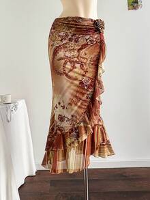 Soleia 女士优雅花卉印花不对称下摆荷叶边装饰修身 A 字裙，度假风格 - 彩色 - 查看 4