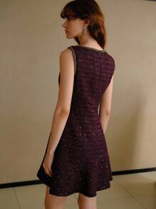 MOTF PREMIUM TWEED SEQUINS CONTRAST CHAIN TAPE TRIM SLEEVELESS SHORT DRESS
