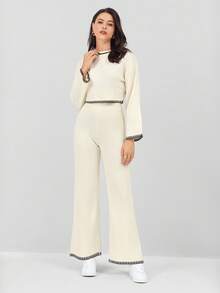 Miaspire 2pcs Women Casual Sweater Set With Contrast Trim Round Neck Long Sleeve Top And Pants - Apricot - View 4