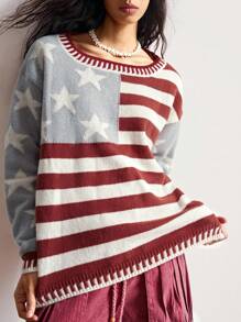 Bohemela Autumn/Winter Boho Retro Striped Star Pattern Usa Flag Graphic Knit Pullover Sweater, Suitable For Independence Day & Vacation & Daily Wear - Multicolor - View 3