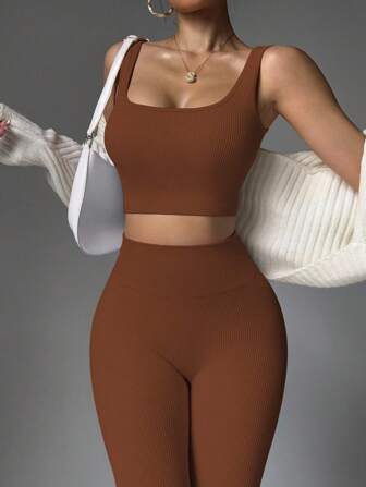 Nahtloser Rippstrick-Sportset, Workout-Outfit für Frauen, Fitnessstudio-Outfit für Frauen