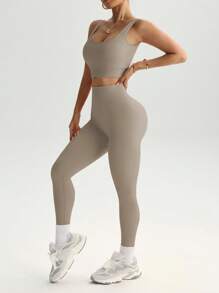 Slayform 2pcs Seamless High Stretch Yoga Set Tracksuit Gym Set Ribbed Tank Top Tummy Control Leggings Workout Women Set Gym Women Outfit - Khaki - View 5