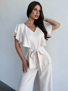 Firerie Women's Elegant Minimalist Delicate Romantic V-Neck Ruffle Belted Waist A-Line Hem Shirt Blouse & High Waist Long Pants Apricot 2 Pieces Suit Set, Suitable For Daily, Commute, Vacation - Apricot - View 5