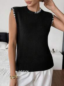 SHEIN Frenchy Gilet tricoté à col rond décontracté pour femmes, avec couture contrastée. Pull tricoté, convient pour les déplacements quotidiens. Superposition pour l'automne, nouvelles arrivées pour l'automne et l'hiver, pour le port quotidien et la superposition, retour à l'école, automne femmes, hauts mignons, hauts de sortie femmes, femmes old money, tenue décontractée femmes, toutes saisons - Noir et Blanc - Voir 8