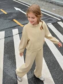 SHEIN Girl's Casual Solid Color Minimalist Daily Long Sleeve Zip Up Jacket, With Elastic Cuff And Hem, Suitable For Work Commute, Spring/Autumn - Khaki - View 5