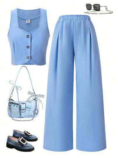 Sparklyn Set de 2 piezas de traje casual de niñas adolescentes que incluye chaleco sin mangas con abertura frontal y pantalones de pierna ancha con cintura elástica, para el verano