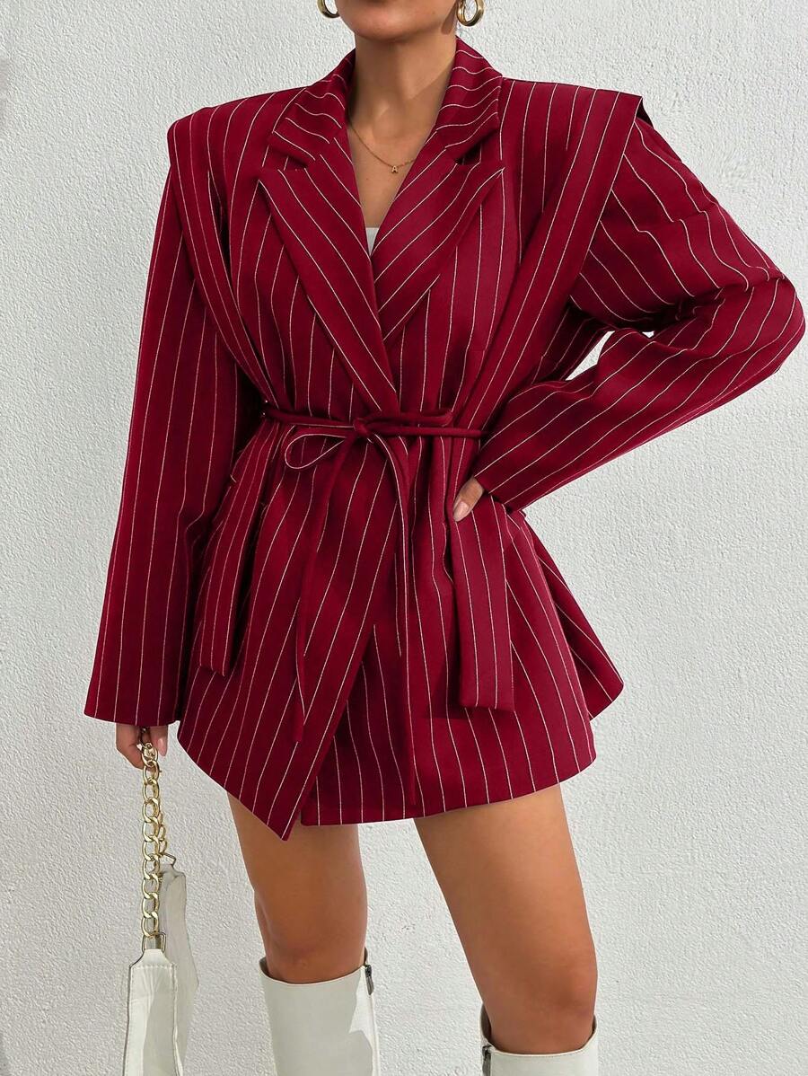 SHEIN Cottnline Women's Navy Striped Casual Blazer Jacket - Burgundy - View 1