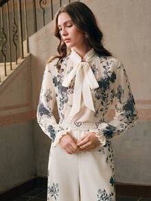 Anewsta Set de 2 piezas de blusa de manga larga con cuello retorcido y pantalones con estampado floral elegante para mujer - Multicolor - Ver 4