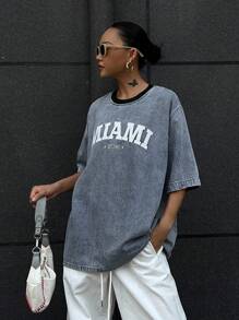 Livesso 女式夏季圆领短袖刺绣字母牛仔上衣 - 藍色 - 查看 6