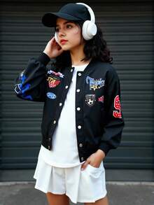 Tween Girl Black Letter Print Baseball Jacket, Short Bomber Coat - Black - View 1