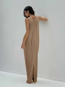 Aloruh Váy suông bodycon xẻ tà không tay - Màu Khaki - Xem 2