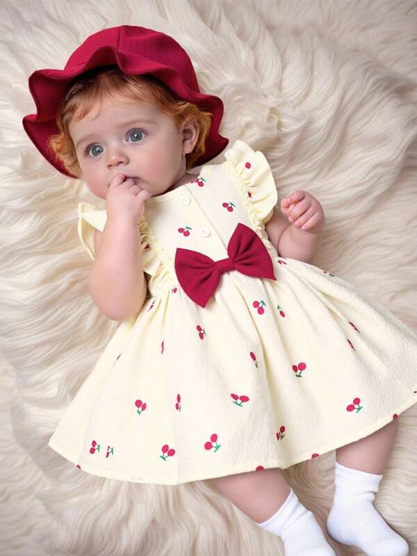 SHEIN Sommer Baby Mädchen Kleid in Apricot mit rundem Ausschnitt, Rüschen, Kirsch-Muster, ärmellos, roter Schleife und roter Mütze, elegant und süß