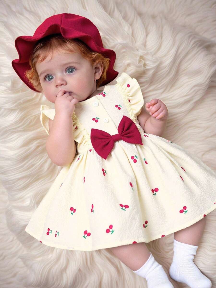 SHEIN Summer Newborn Baby Girl Apricot Round Neck Ruffle Cartoon Cherry Print Sleeveless Red Bow Dress With Red Hat Elegant And Cute