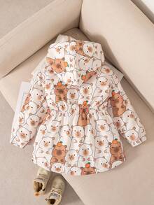 SHEIN 1件装 女童可爱小熊印花弹力腰拉链连帽抓绒外套，秋冬季女童冬季外套 女童卡通外套 儿童冬季外套 青少年冬季外套 保暖内衬冬季外套 - 卡其色 - 查看 2