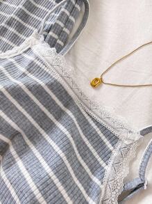 少女休闲度假基本套装，针织条纹吊带背心和阔腿裤 - 彩色 - 查看 3