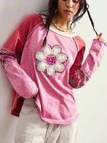 Bohemela Höst/vinter BOHO Semester Casual Patchwork Långärmad Lös T-shirt Med Grafisk Design För Damer - Multifärgad - Visa 6