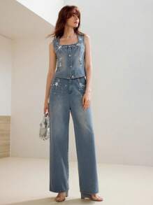 MOTF PREMIUM 女士蓝色水洗水钻度假牛仔裤 - 藍色 - 查看 6