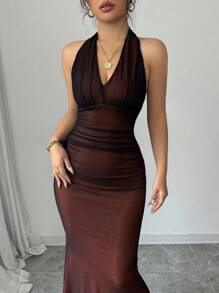 Chiquease 优雅修身鱼尾下摆垂坠 V 领腰部褶皱针织网眼玫瑰红衬里连衣裙，秋冬 - 橘色 - 查看 5