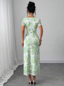 Elenzga 女式优雅黄色花卉印花方领系带修身中长连衣裙，带蝴蝶结细节，春夏 - 綠色 - 查看 2