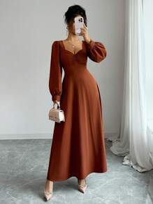 Elenzga 女士秋季优雅方领泡泡袖收腰长裙，适合日常通勤 - 棕色 - 查看 3