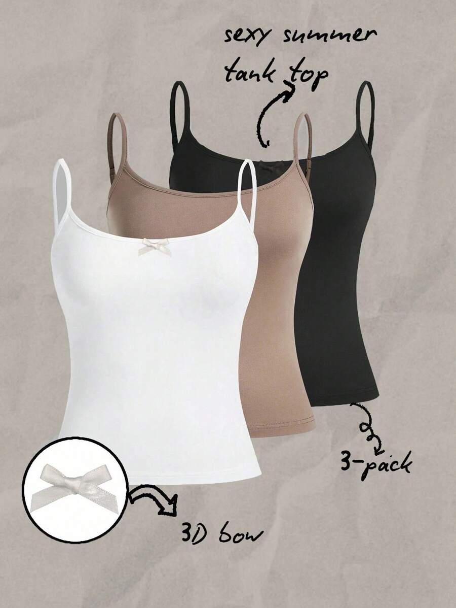 SHEIN EZwear 3 件套女式吊带短款上衣,带可爱蝴蝶结刺绣,性感贴身,适合夏季、返校、机场、俱乐部穿着 - 彩色 - 查看 1