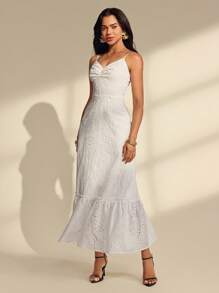 Almamuse 女士夏季休闲度假纯色雪纺胸前荷叶边褶饰下摆吊带连衣裙白色孔眼连衣裙波西米亚风白色连衣裙新娘送礼会礼服白色长裙 - 白色 - 查看 3