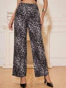SHEIN Unity 豹纹直筒休闲高腰宽松阔腿工装裤 - 灰色 - 查看 4