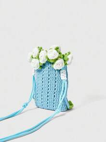 ROMWE Fairycore Fashion Contrast Color Rose Knit Tote Shoulder Bag - Blue - View 2