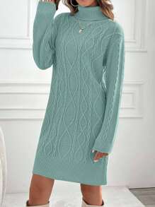 EURMUSE Knitwear Dress With Folded Neck And Cable Pattern,Winter Dresses For Women,Petite - Mint Green - View 5