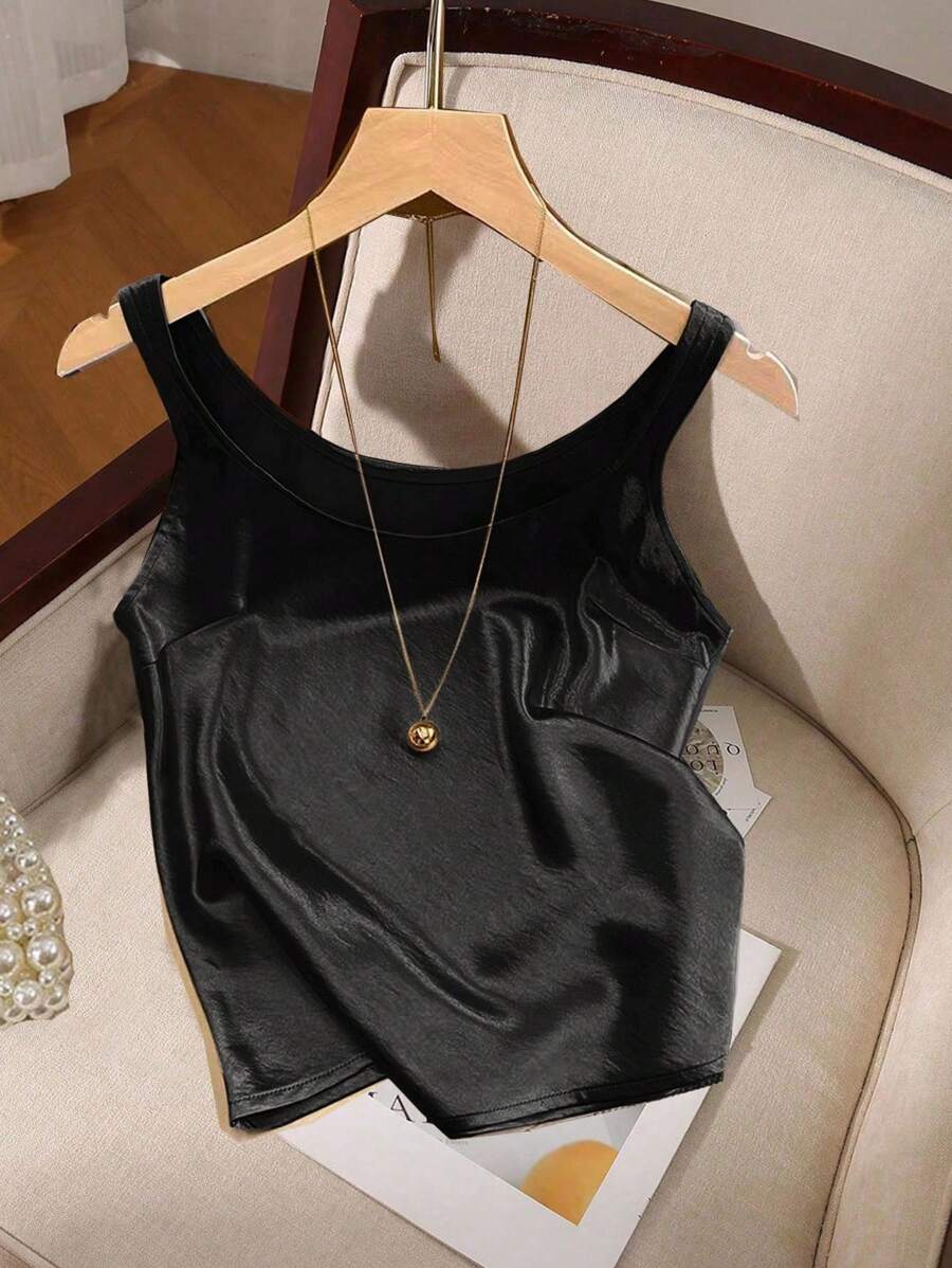 SHEIN Clasi 女士缎面亮面吊带背心 - 黑色 - 查看 1