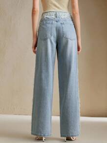 Anewsta Quần Jeans Ống Thẳng Đính Đá Ren Eo Đơn Giản Cho Nữ - Màu xanh lam - Xem 2