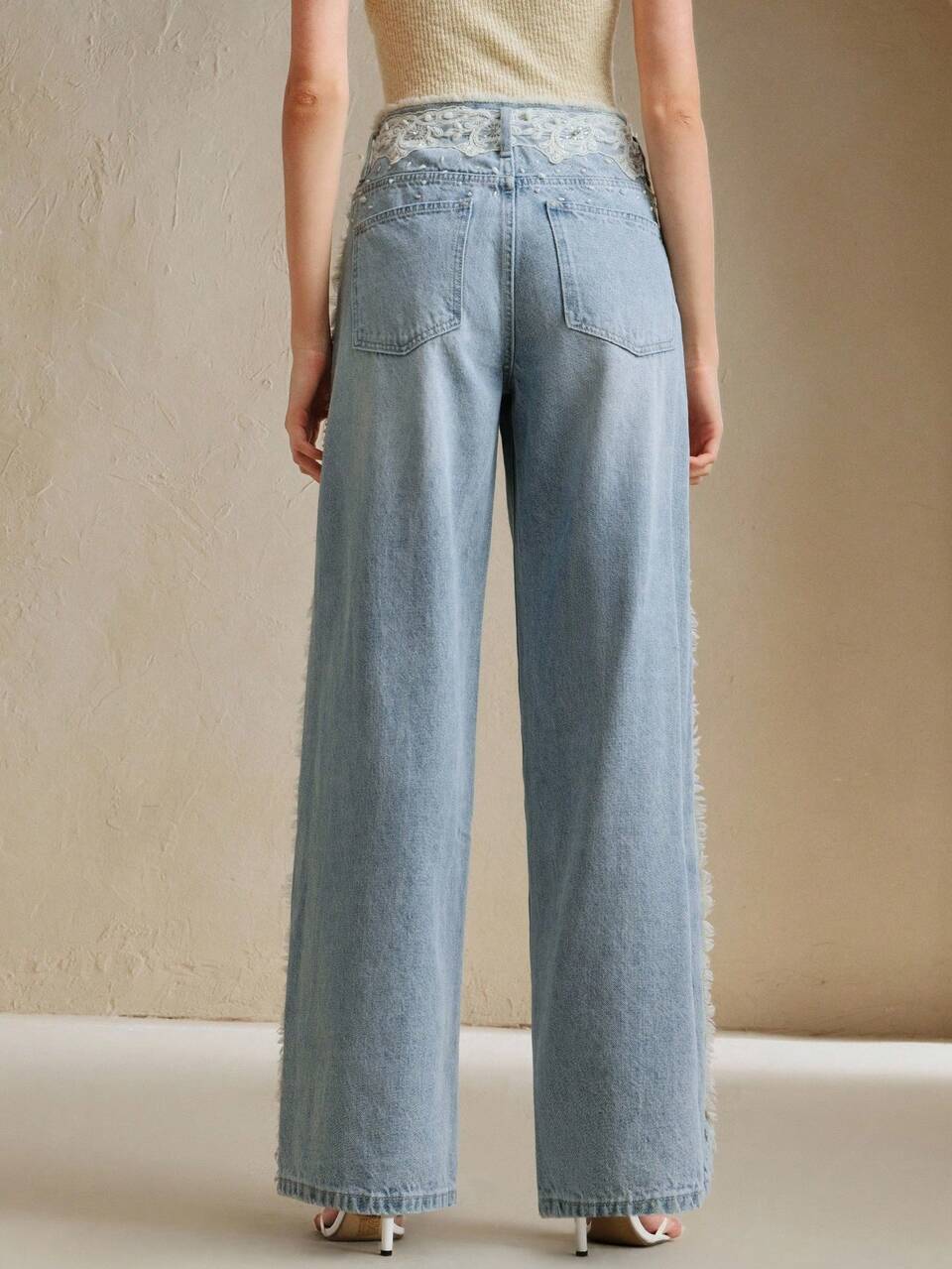 Women's Casual Lace Waist Rhinestone Straight-Leg Jeans