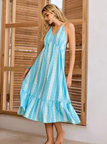 Lullawish Bohemian Spaghetti Strap Bubble Crinkle Nightgown For Women - Blue - View 1