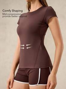 OutZeal 速干柔滑修身短袖女式T恤运动休闲健身运动T恤 - 咖啡棕 - 查看 2
