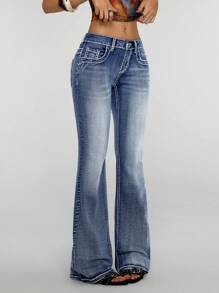 SHEIN Tall Women's Low Waist Versatile Embroidered Flare Leg Jeans - Dark Wash - View 6