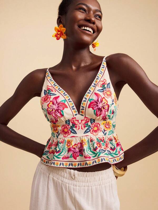 Travachic Women's Floral Print Ruffle Hem Camisole Top, Summer Vacation