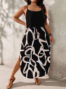 EMERY ROSE Plus Size Abstract Striped Pattern Printed Dress, Suitable For Summer Holiday Boho Suitable For Going Out,Holiday Outfits For Women Chic Dress - Black - View 5
