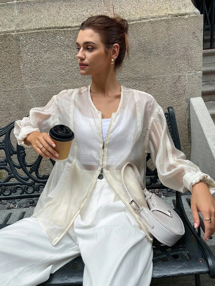 Women's Loose Fit Round Neck Solid Color Lightweight Jacket Women Coats