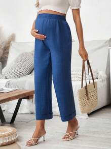SHEIN Pantalones holgados de cintura elástica de unicolor para uso diario, casuales y a juego para mujeres embarazadas - Azul - Ver 4