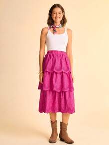 CAJUNI Women's Casual Vacation Rose Red Three-Layer Cake Ruffle Hem Skirt Embroidered Skirt Bohemian Women's Cute Birthday Skirt Country Concert - Hot Pink - View 7