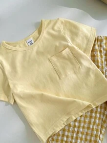 SHEIN 2件組男嬰可愛休閒短袖上衣與格紋長褲套裝，適合夏季、旅行 - 黃色 - 查看 6