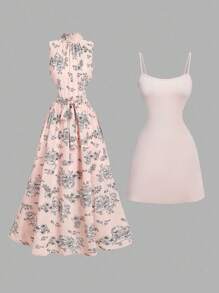 SHEIN MOD Vestido elegante negro de 2 en 1 con espalda descubierta y lazo, vestido de verano para resort, vestido de festival, vestido de fiesta para mujer, vestido vintage de mujer, vestido de cumpleaños, vestido para concierto country, vestido de verano para mujer, vestido de resort - Rosa Pálido - Ver 6