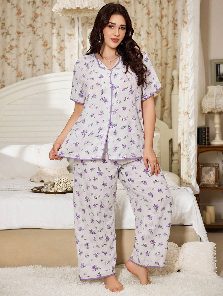 CottageSlumber Floral Pajama Set Plus Size Purple Floral Contrast Trim Short Sleeve Sleepwear Set 2 Piece Pajama Set Purple Pajamas Set - White - View 1