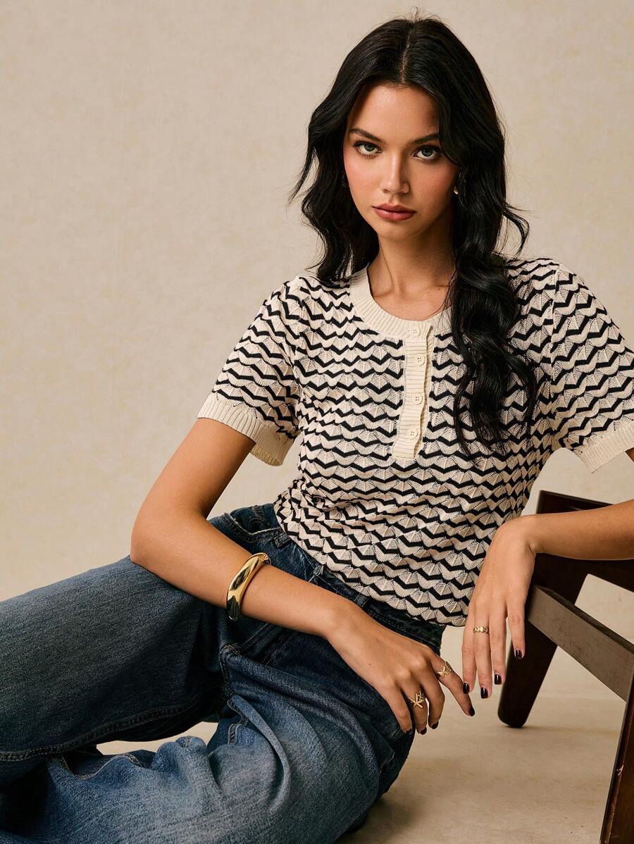 Poéselle Áo len dệt kim tay ngắn sọc thường ngày mùa hè cho nữ - màu đen - Xem 1