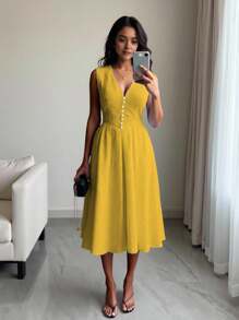 Chiquease A字形无袖腰纽扣镂空花卉黄色连衣裙 - 黃色 - 查看 3