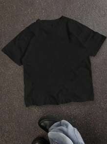 SHEIN Leap Crew Teen Boys' Casual Minimalist Basketball Graphic Short Sleeve T-Shirt, Containing Cotton, Suitable For Summer - Black - View 2