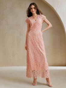 Anewsta 浪漫宴会性感V领蕾丝刺绣串珠盖袖女式连衣裙