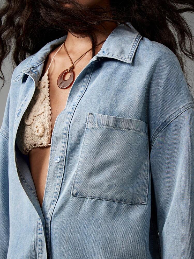 Oversized Denim Button Down Playsuit With Collar