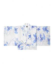 Irokai Floral Print Wrap Top And Spaghetti Strap Dress Kimono Yukata Set - White - View 3